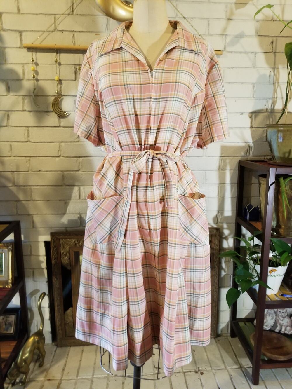 Vintage 70s Sears Pink Plaid Zip Front House Dress Pocket Belted XL 1X